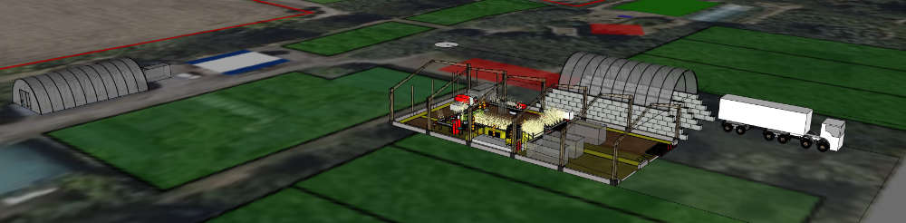 L’image présente une vue large avec à gauche une serre correspondant à l’espace initial de rempotage 
	et à droite l’atelier à construire avec sa charpente et derrière 2 alvéoles de déchargement de terreau.